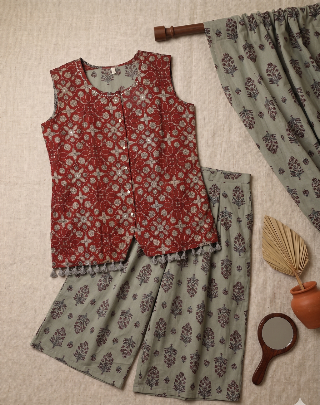 Maroon & Ivory Floral Printed Cotton Co-Ord Set