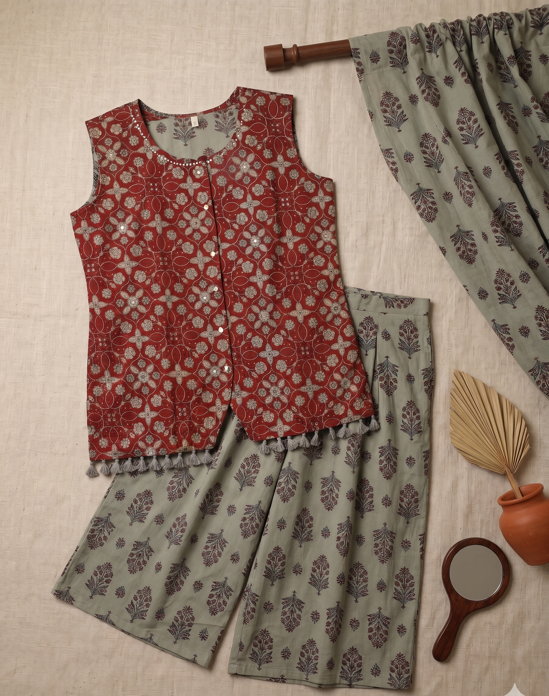Maroon & Ivory Floral Printed Cotton Co-Ord Set