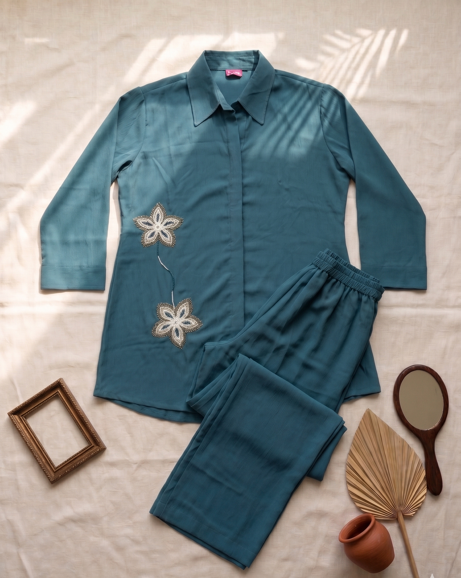 Green Crinkle Rayon Cotton Co-Ord Set
