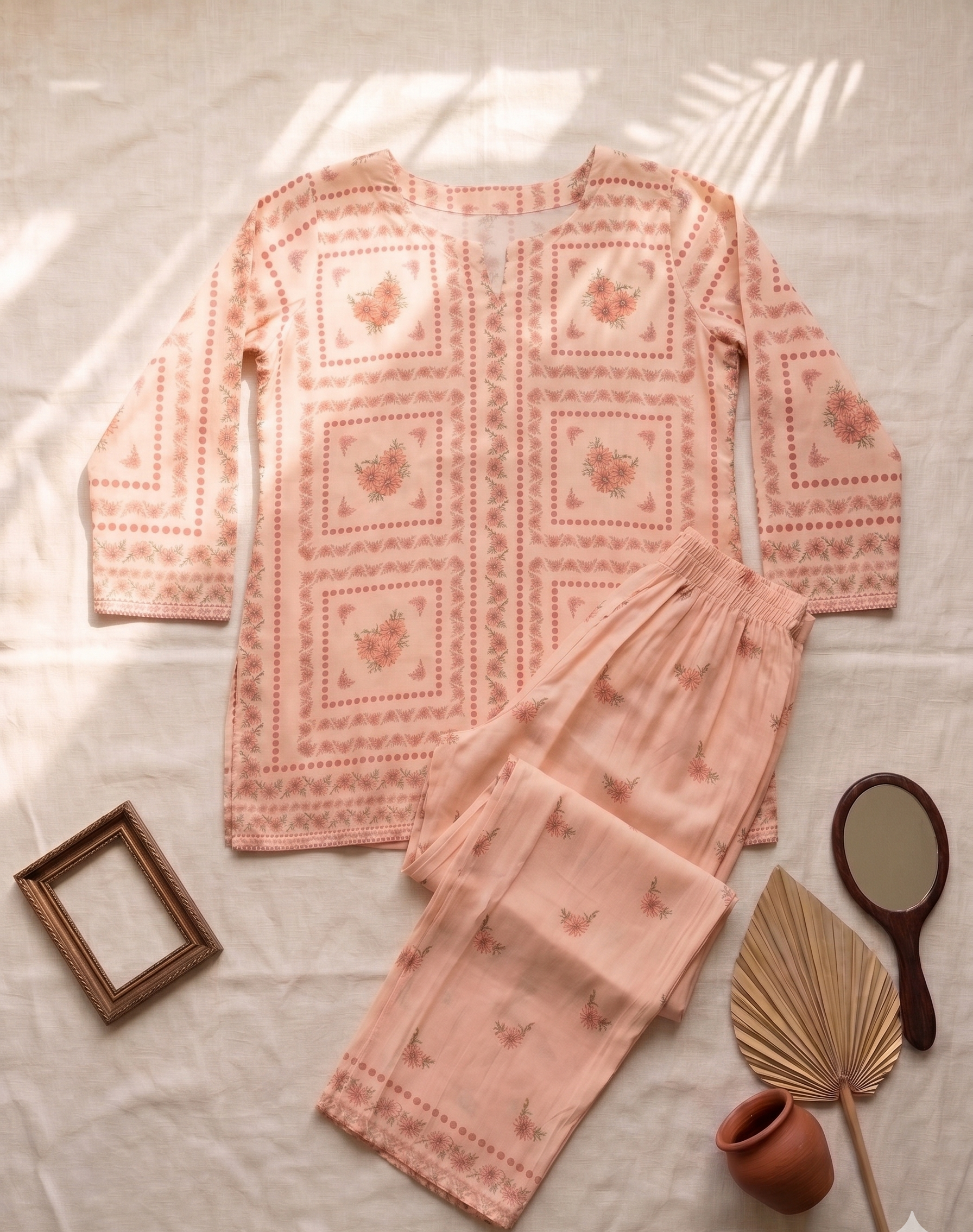 Peachish Pink Floral Printed Muslin Co-Ord Set