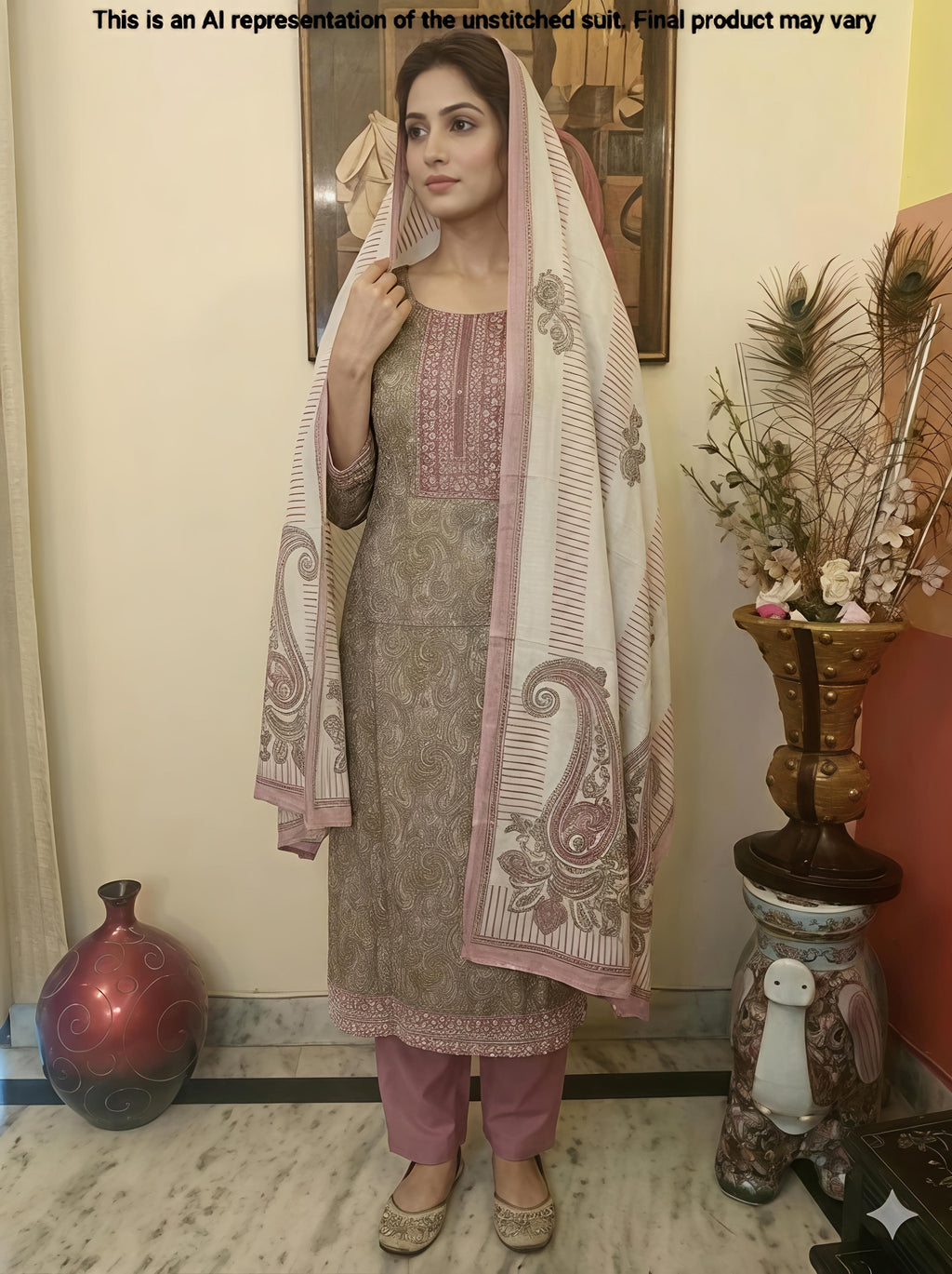 Grey & Pink Paisley Printed Muslin Unstitched Suit Set