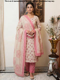 Pink & White Printed Linen Unstitched Suit Set