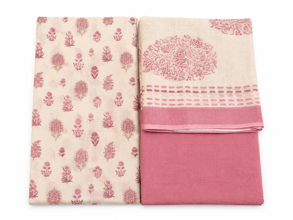 Pink & White Printed Linen Unstitched Suit Set