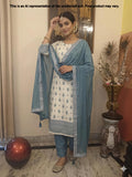 White & Blue Muslin Cotton Unstitched Suit Set