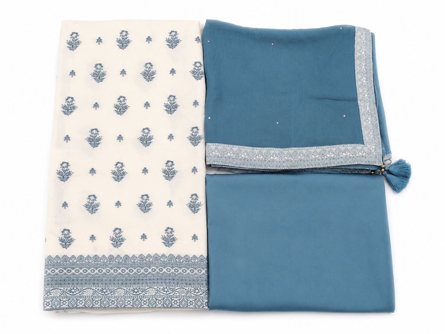 White & Blue Muslin Cotton Unstitched Suit Set