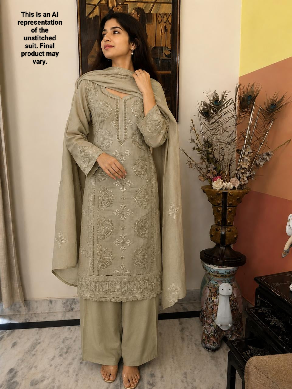 Mehndi Green Crush Mul Cotton Unstitched Suit Set