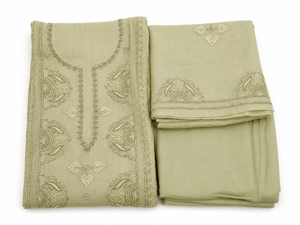 Mehndi Green Crush Mul Cotton Unstitched Suit Set