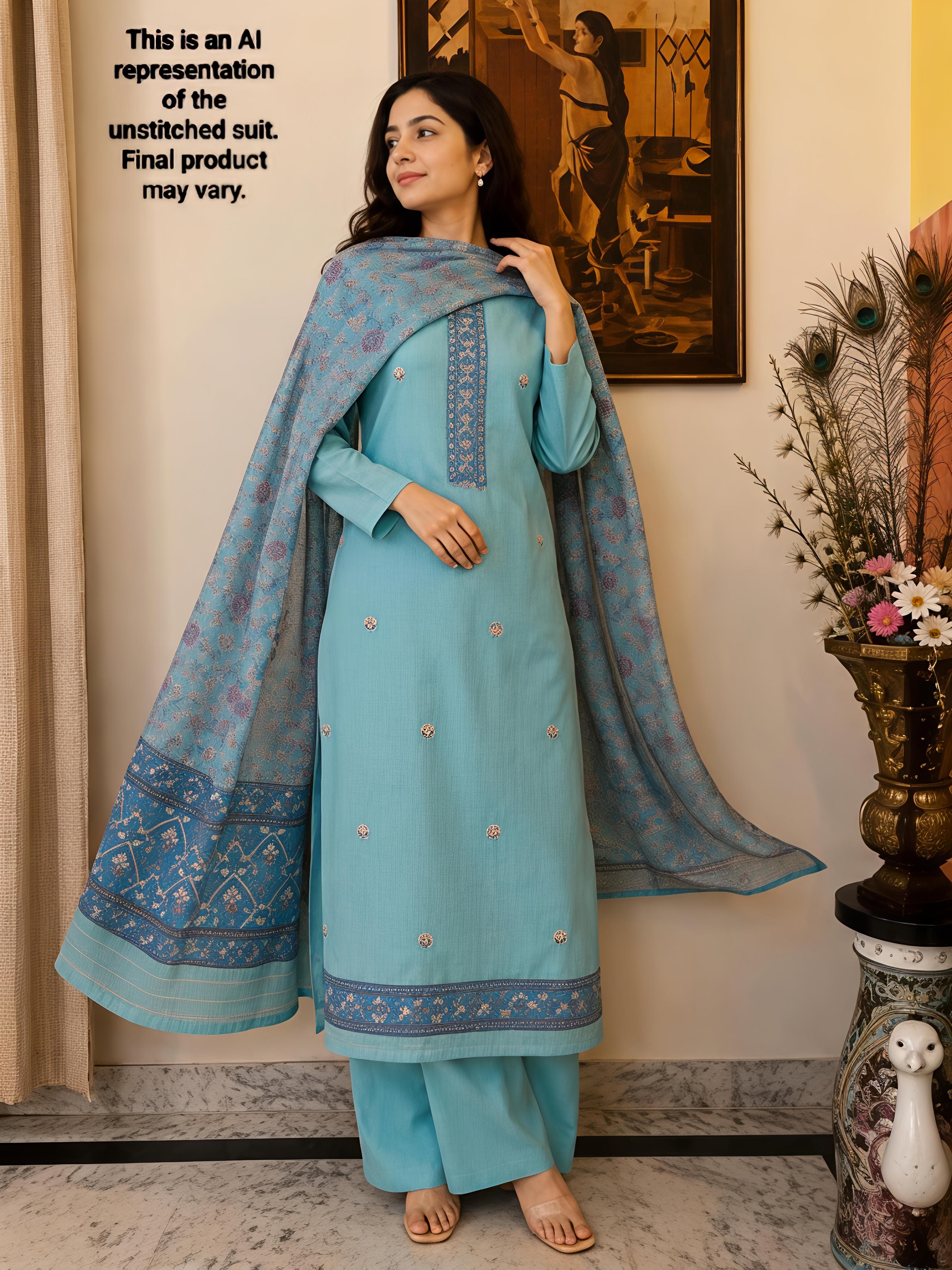 Turquoise Blue Jamdani Chanderi Unstitched Suit Set