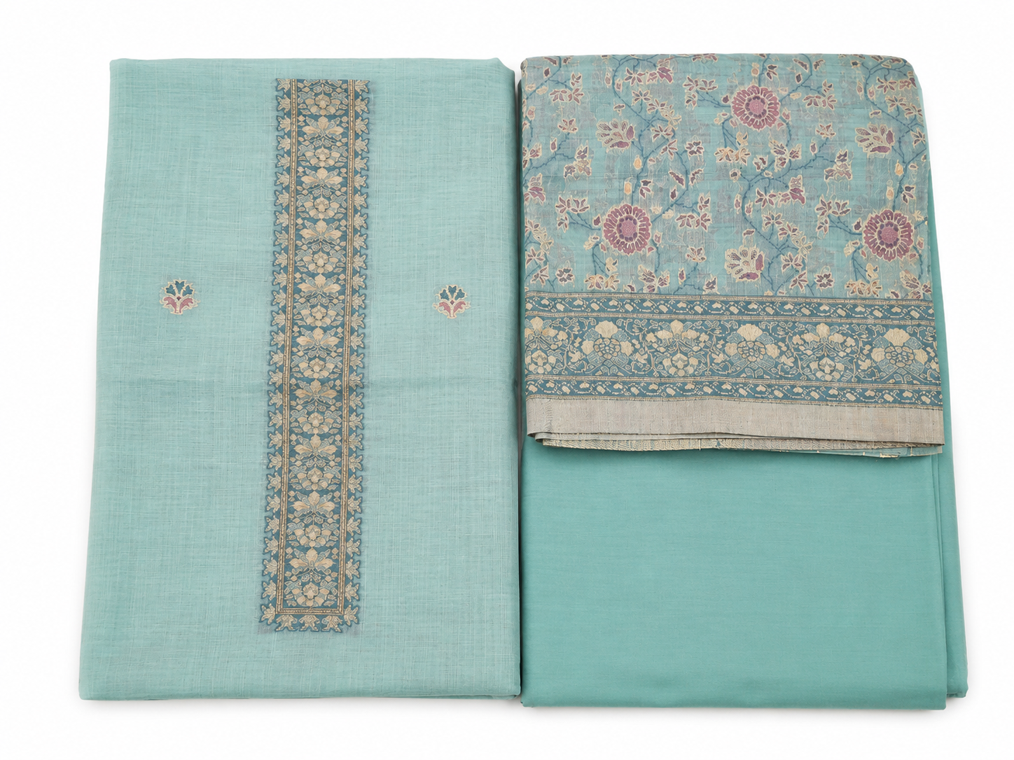 Turquoise Blue Jamdani Chanderi Unstitched Suit Set