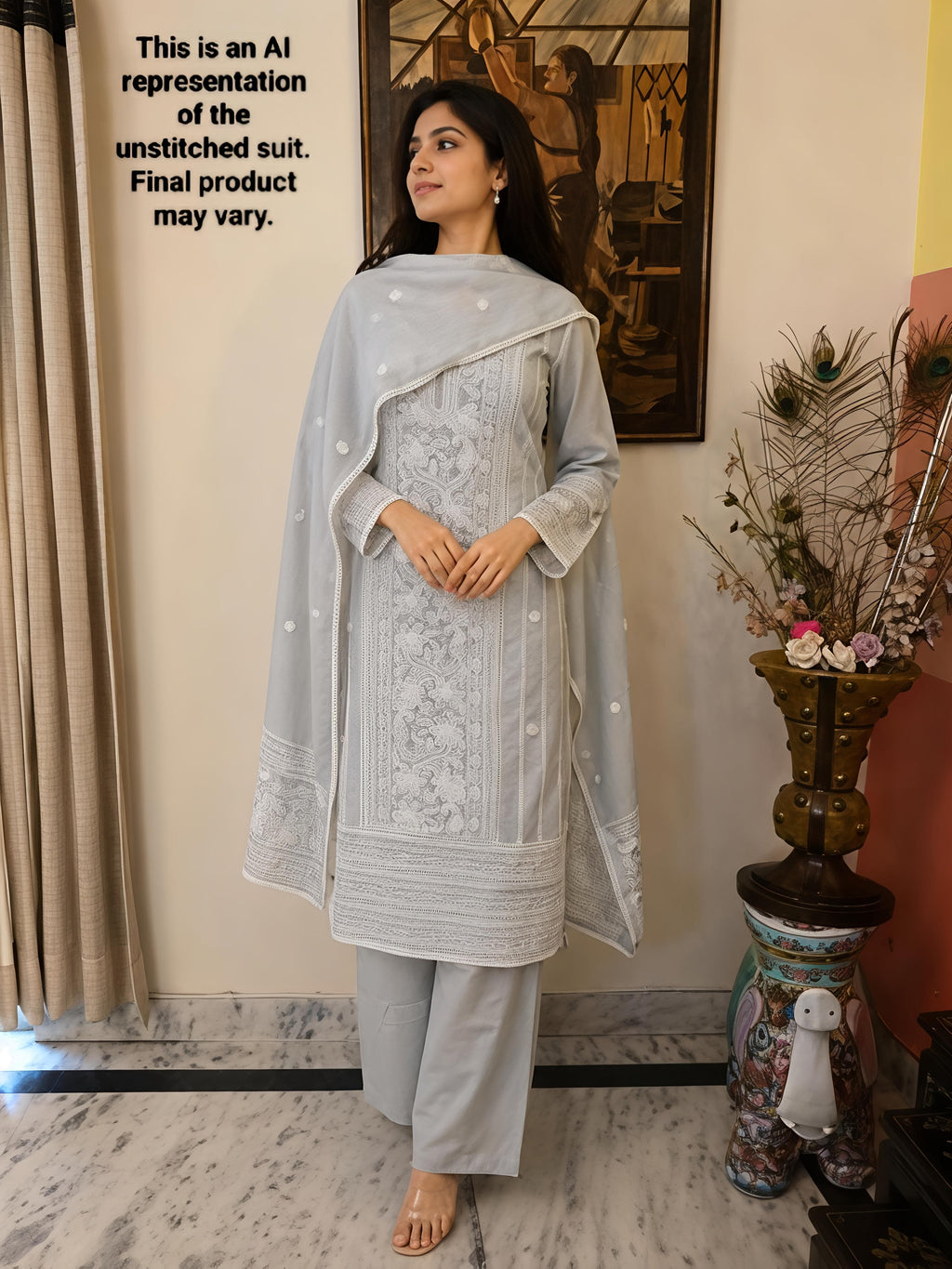 Silver Grey Mul Chanderi Unstitched Suit Set