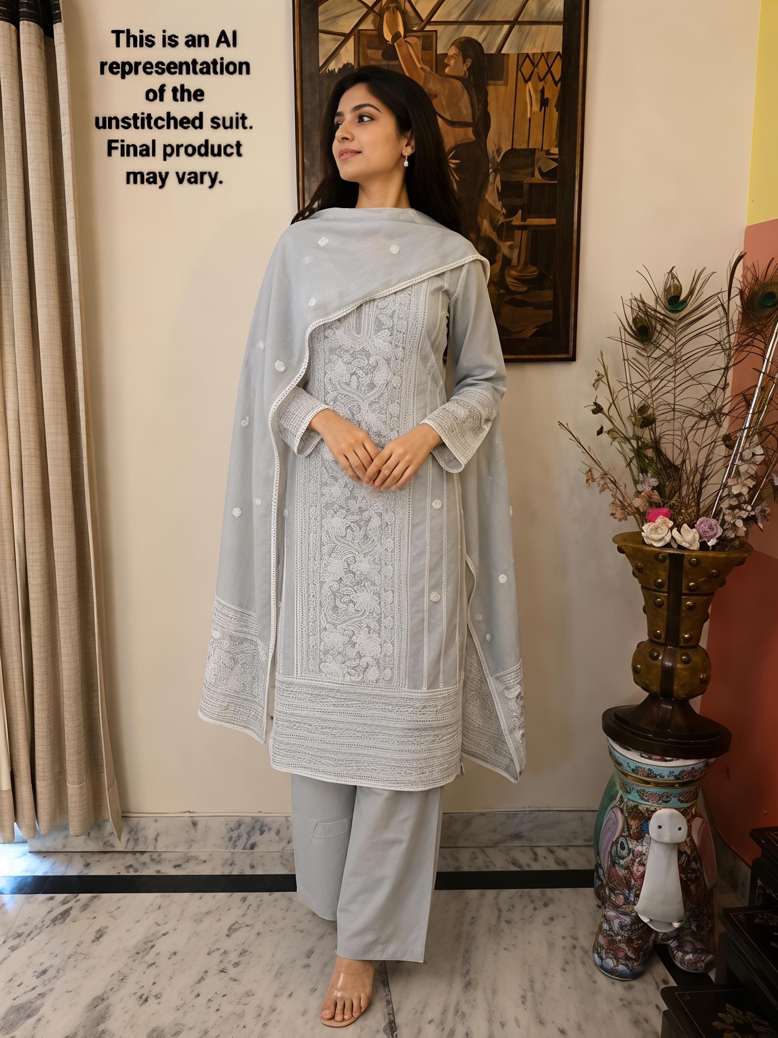 Silver Grey Mul Chanderi Unstitched Suit Set