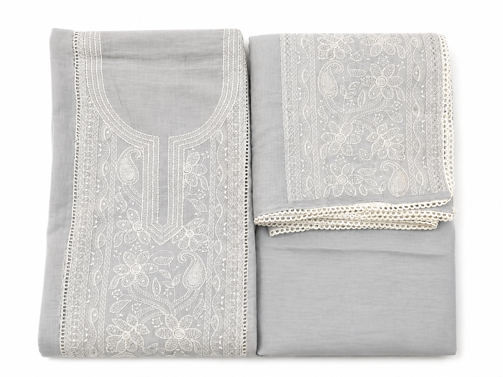 Silver Grey Mul Chanderi Unstitched Suit Set