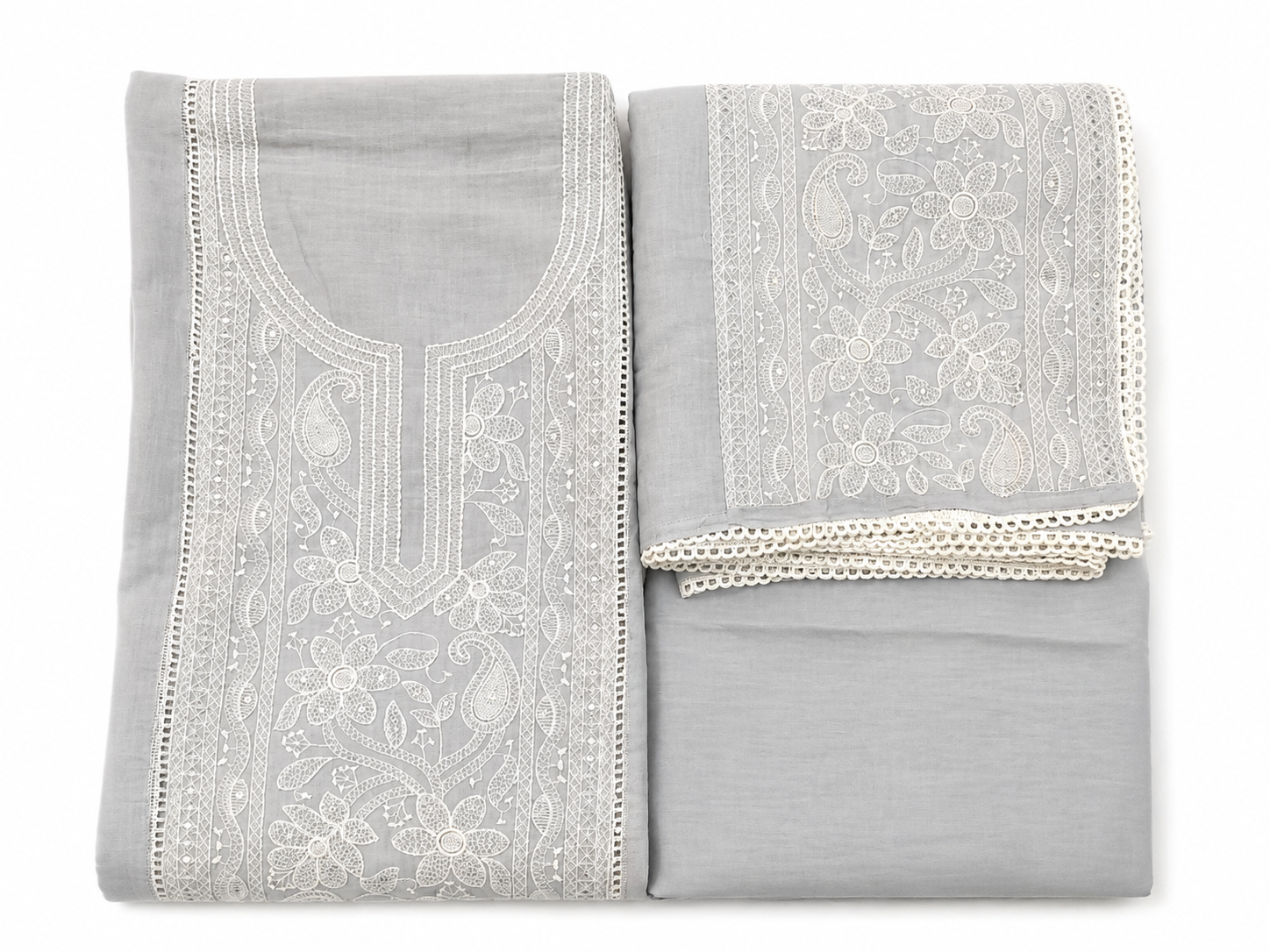 Silver Grey Mul Chanderi Unstitched Suit Set