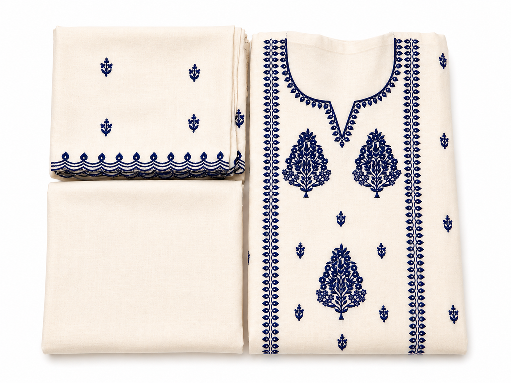 White & Blue Cotton Unstitched Suit Set