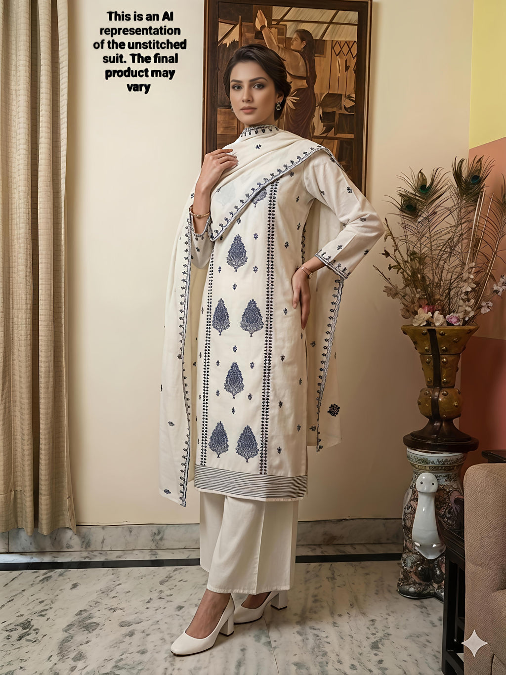 White & Blue Cotton Unstitched Suit Set