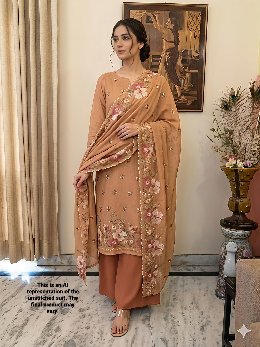 Peach Mul Chanderi Unstitched Suit Set