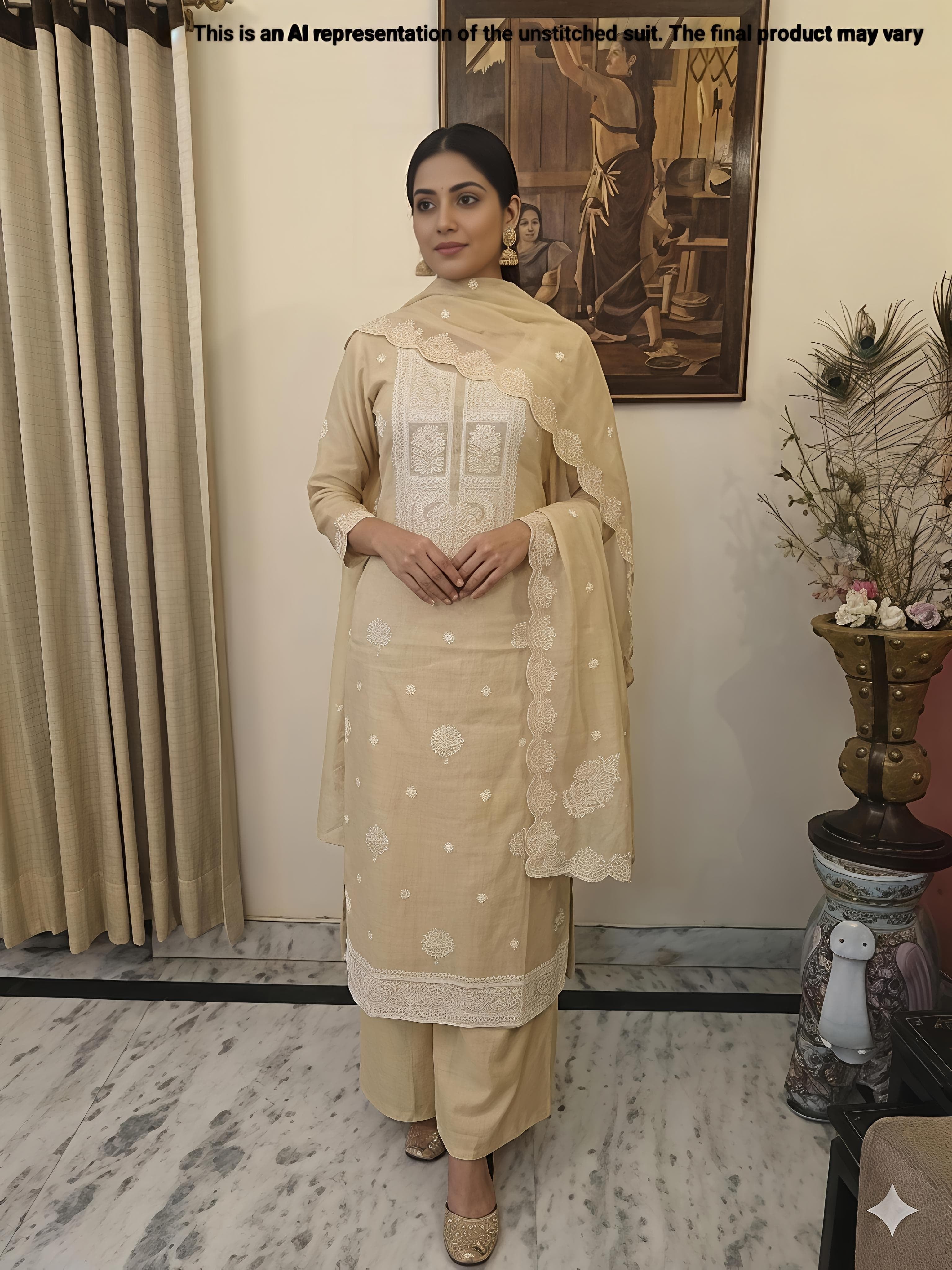 Beige Mul Crush Chanderi Unstitched Suit Set