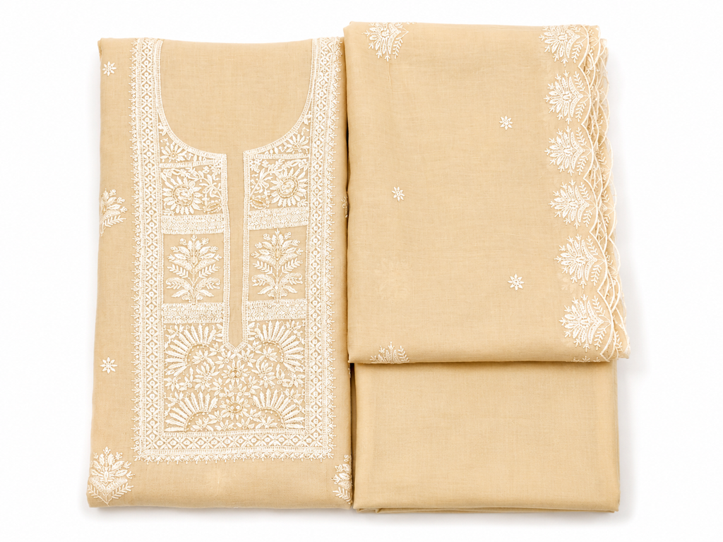 Beige Mul Crush Chanderi Unstitched Suit Set