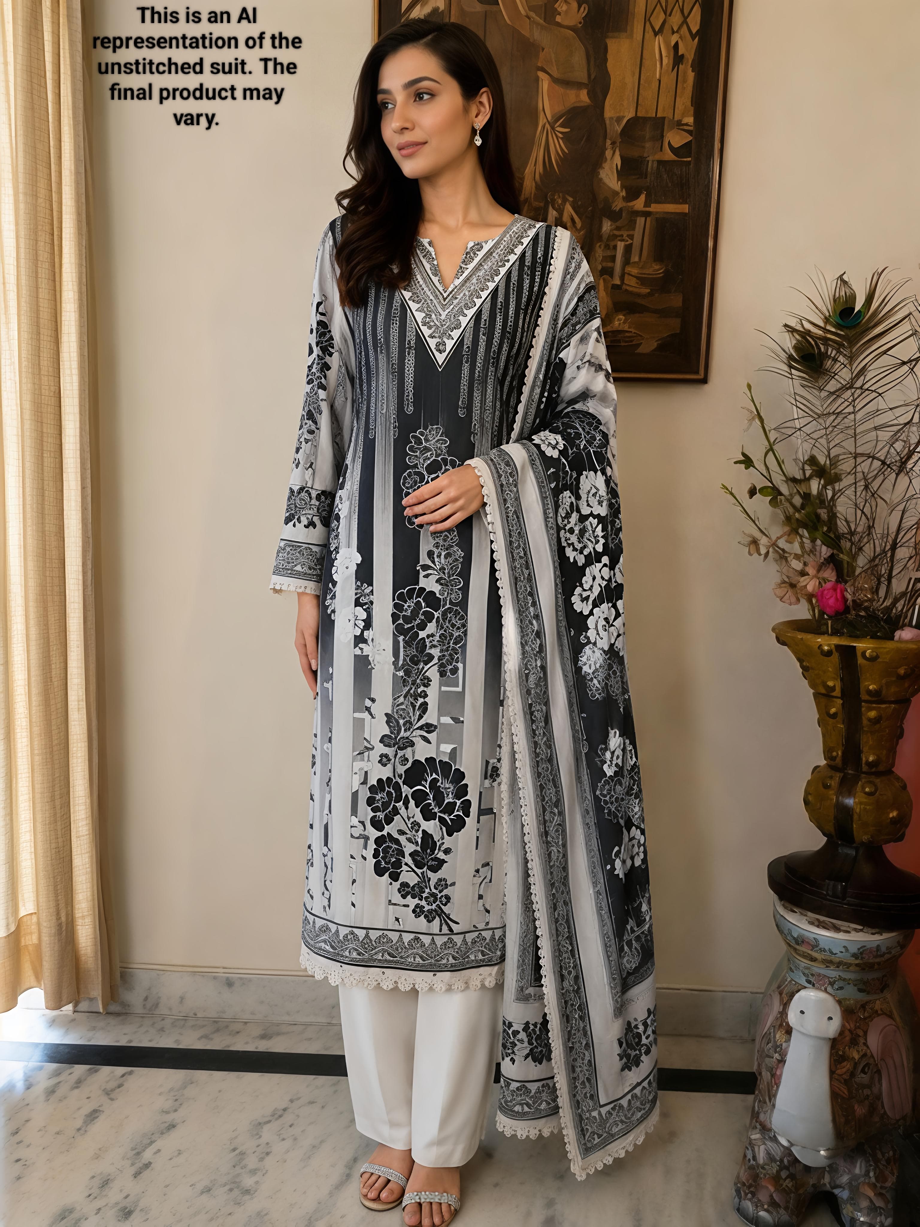 Black & Grey Muslin Cotton Unstitched Suit Set