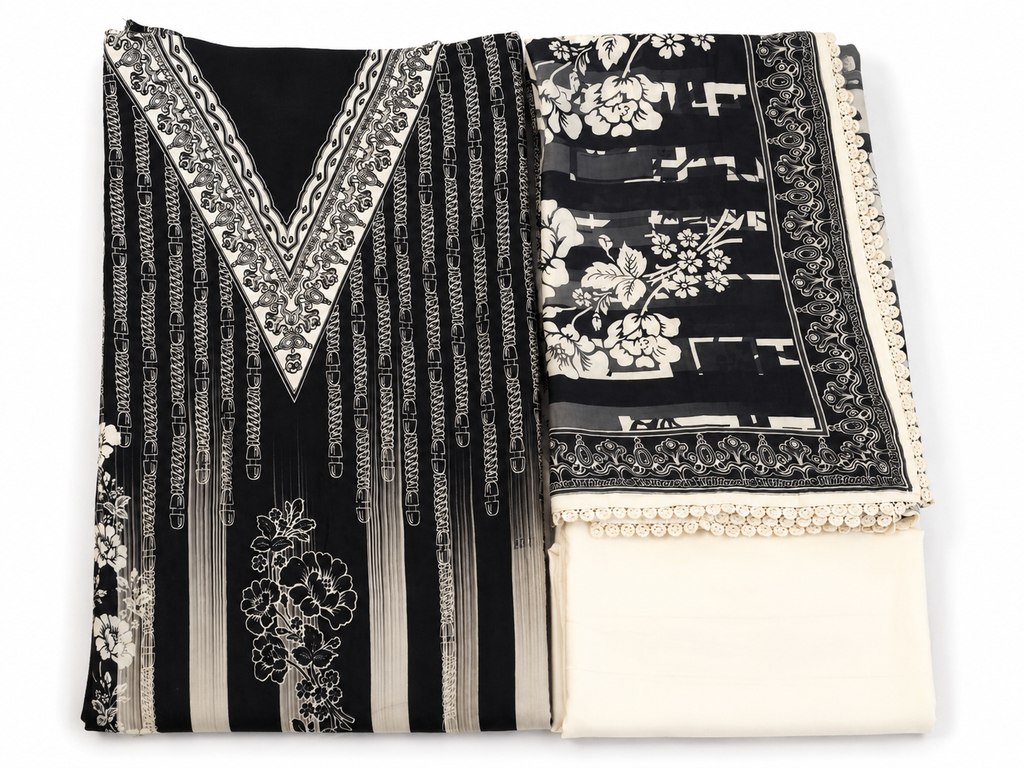 Black & Grey Muslin Cotton Unstitched Suit Set