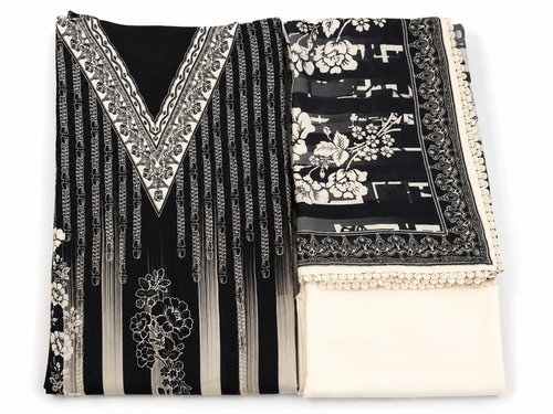 Black & Grey Muslin Cotton Unstitched Suit Set
