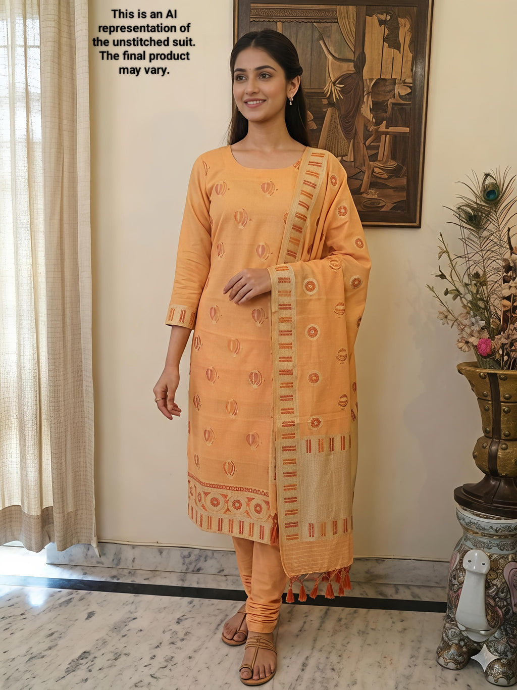 Light Peach Mul Cotton Unstitched Suit Set
