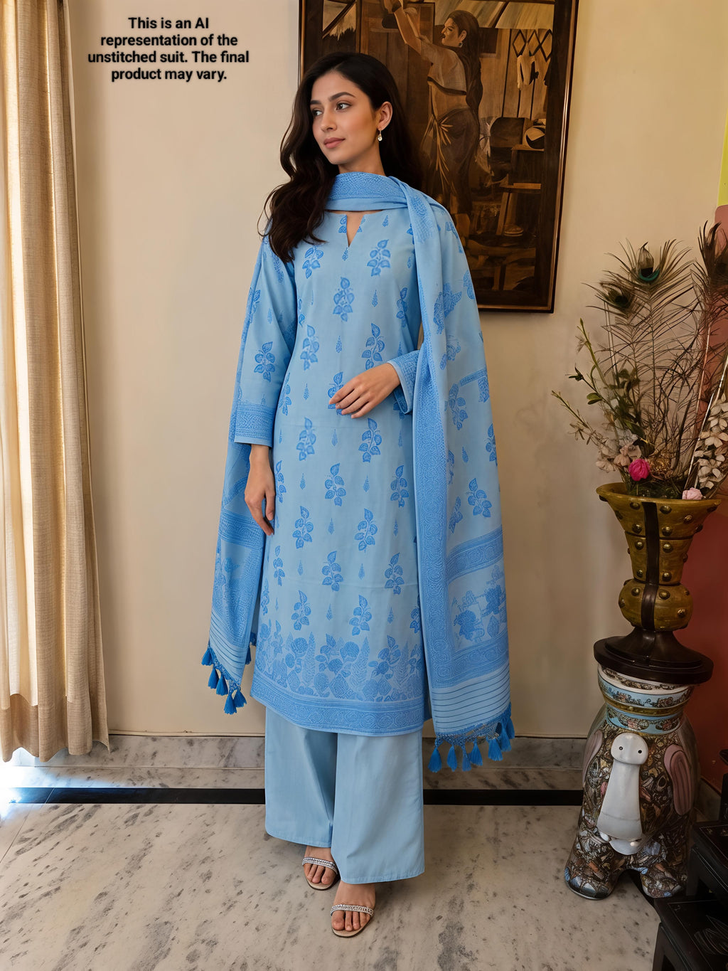 Light Blue Mul Cotton Unstitched Suit Set