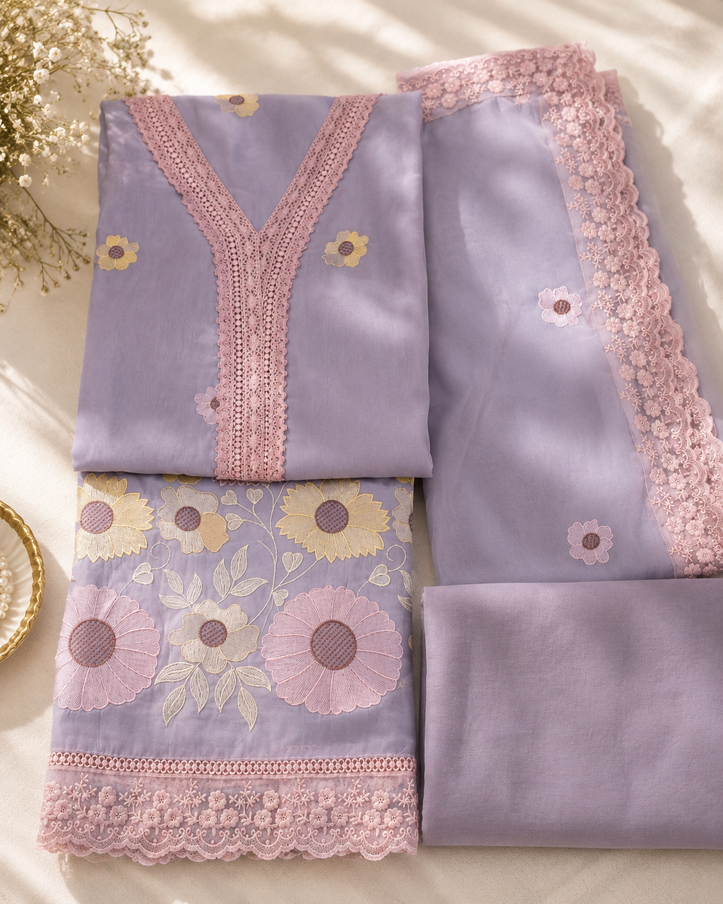 Lavender Chanderi Unstitched Suit Set