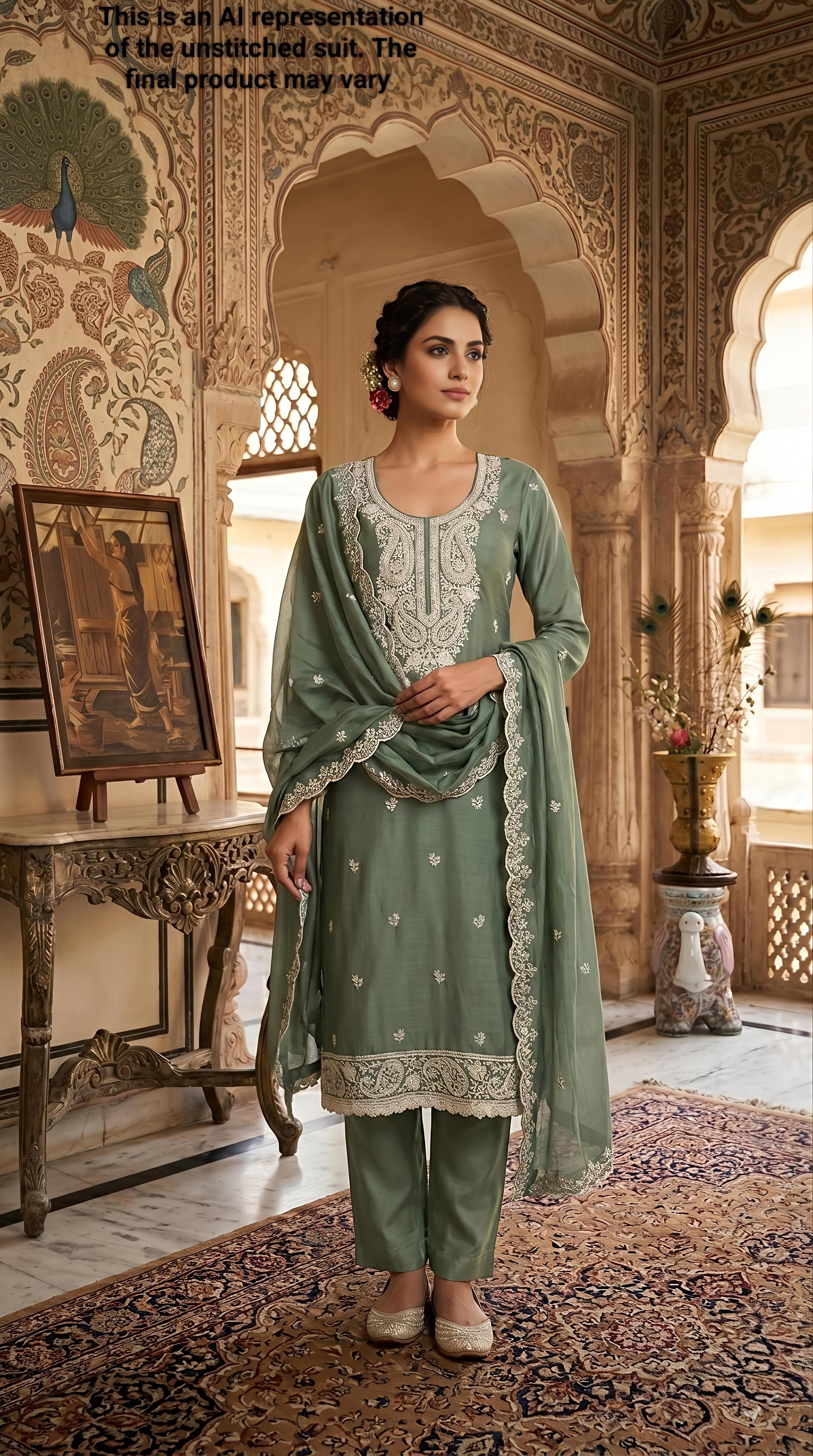 Green Modal Cotton Unstitched Suit Set