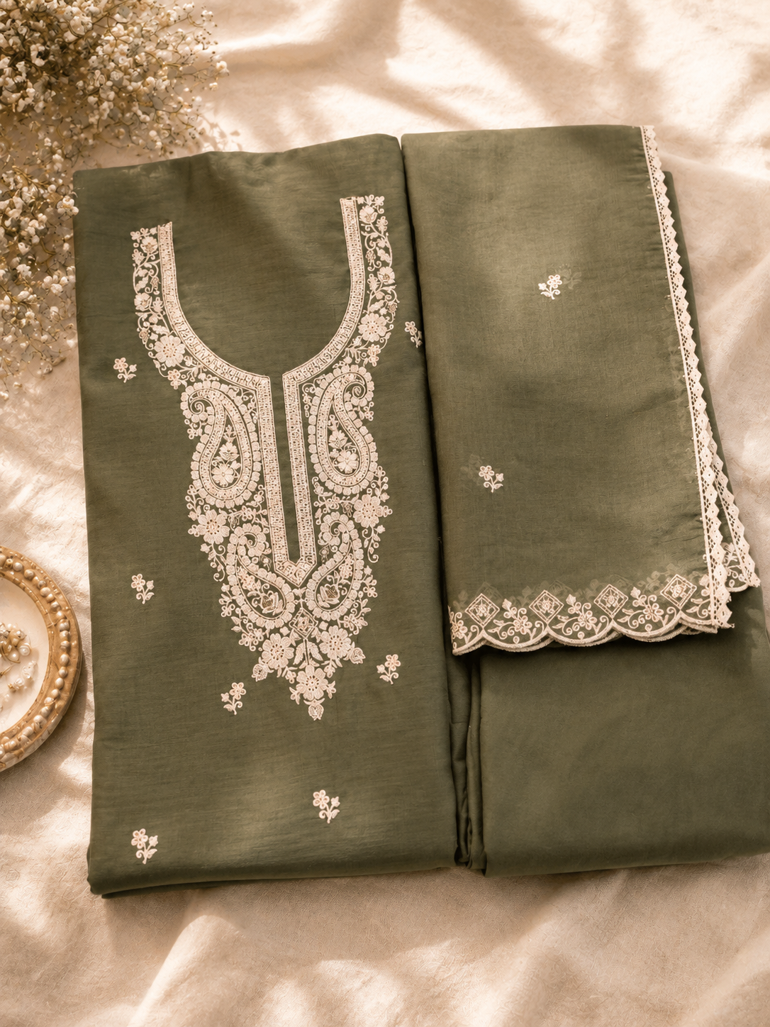 Green Modal Cotton Unstitched Suit Set