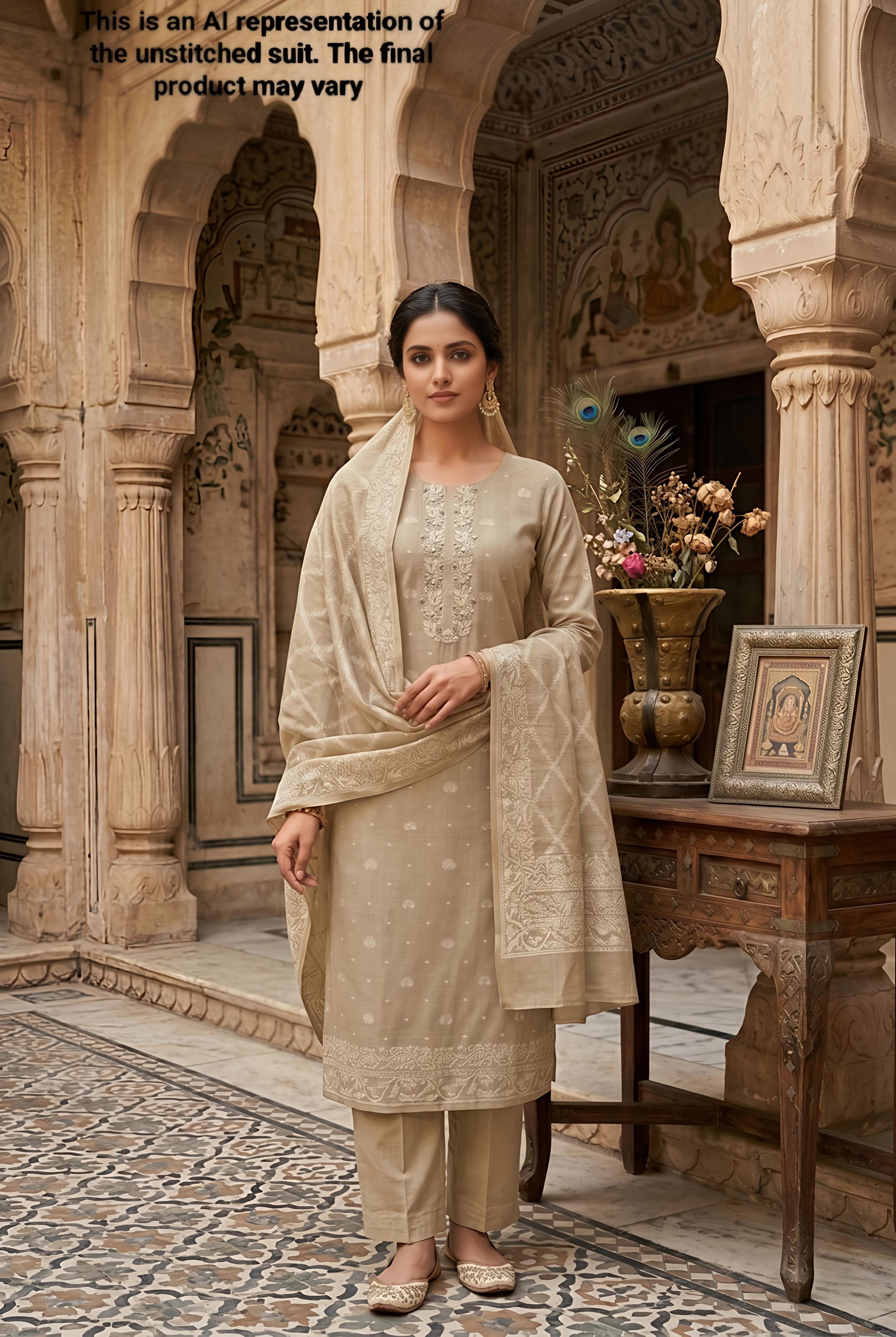 Beige Jamdani Cotton Unstitched Suit Set