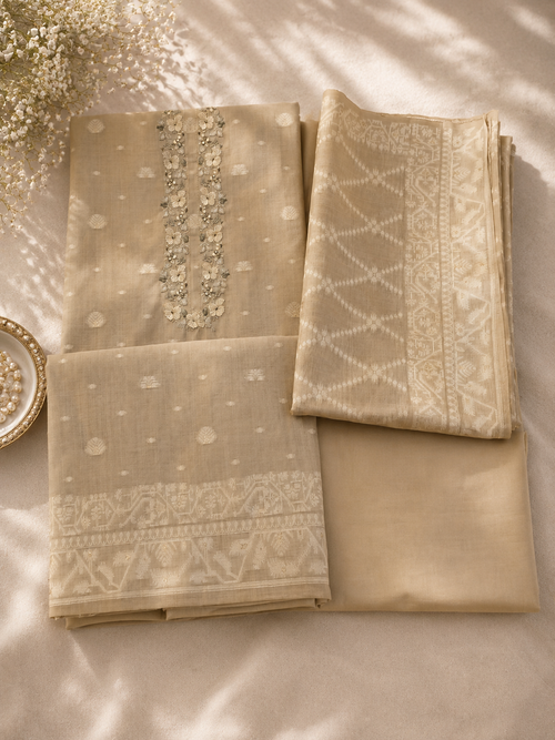 Beige Jamdani Cotton Unstitched Suit Set