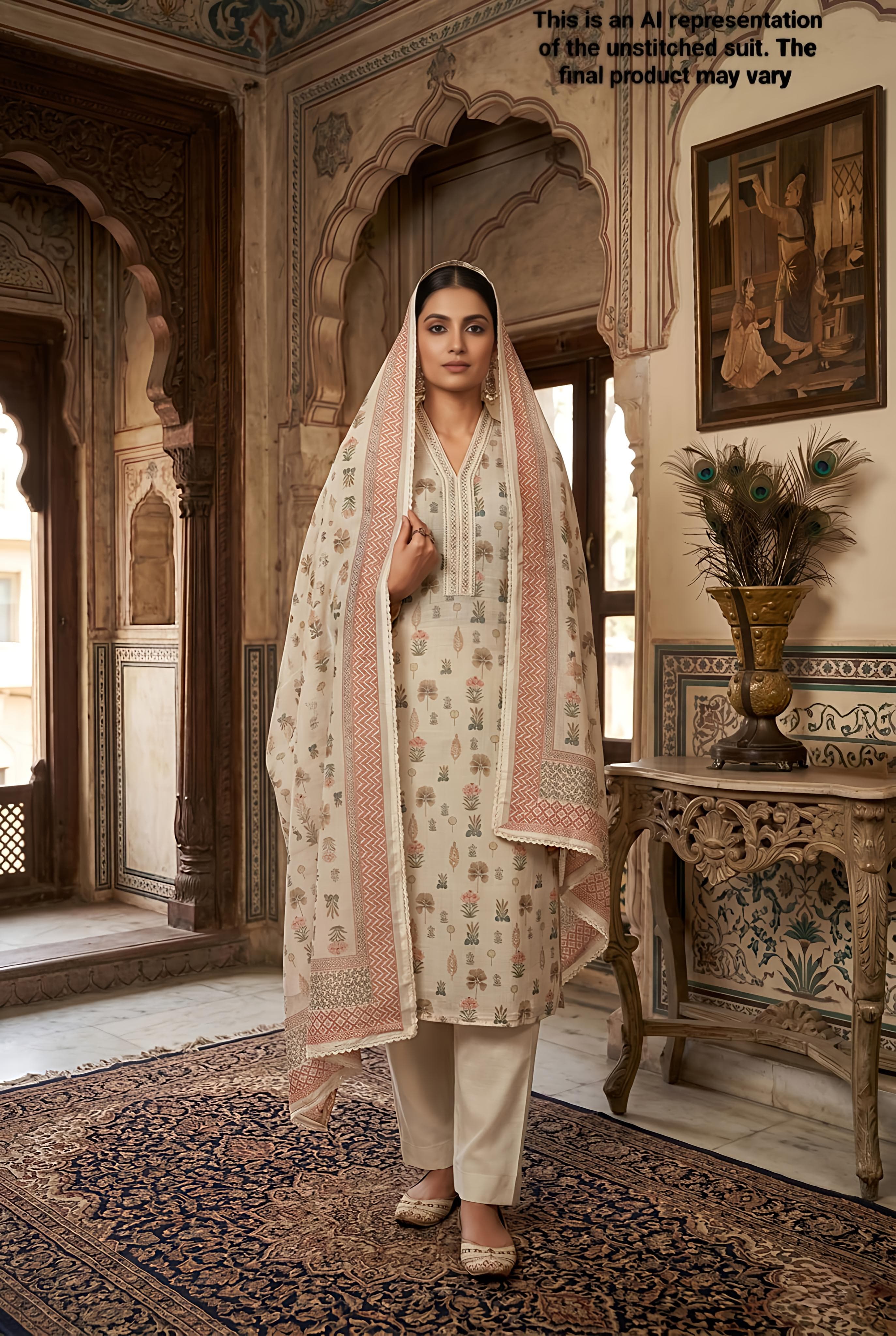 Beige Printed Linen Unstitched Suit Set