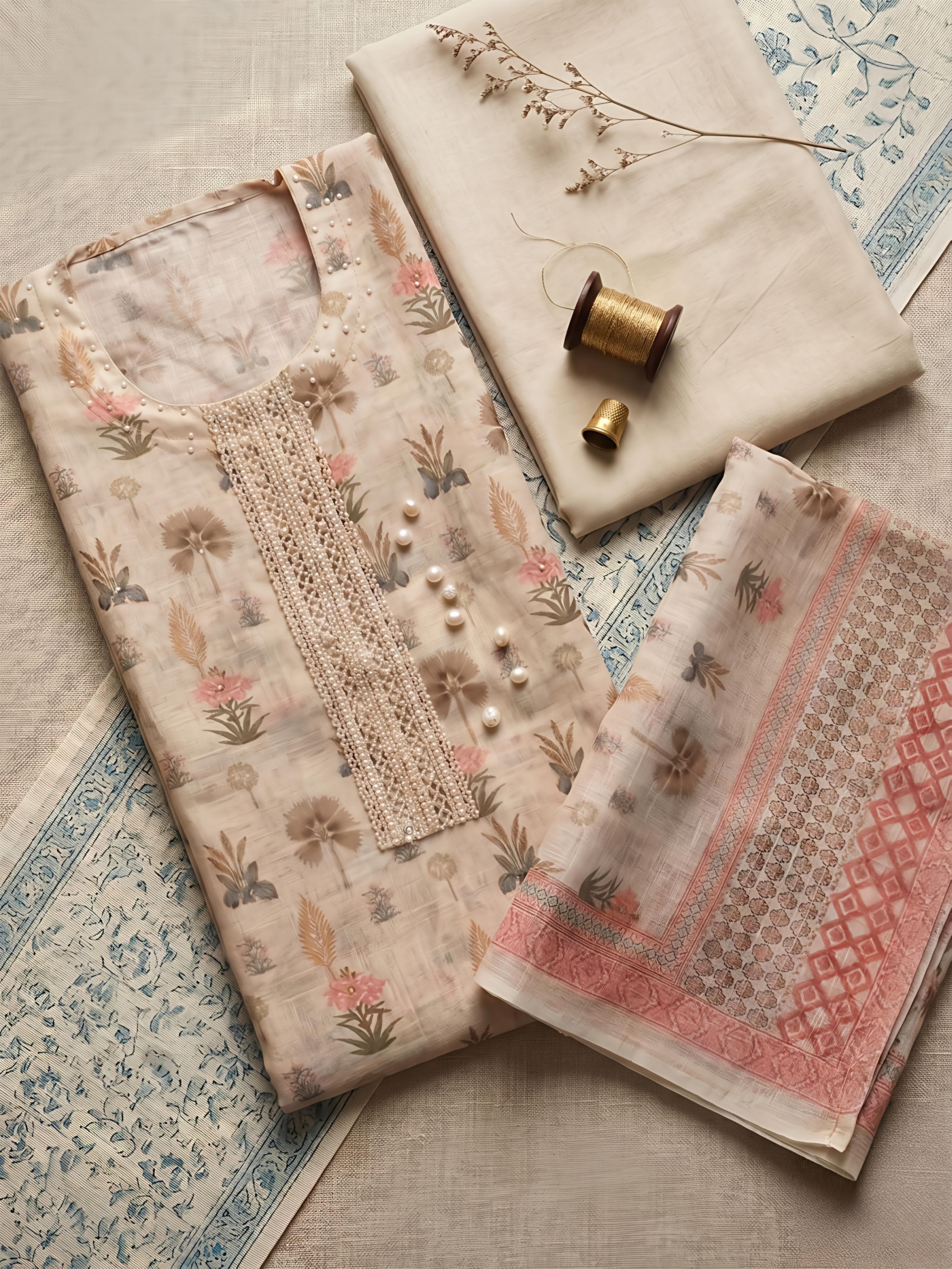 Beige Printed Linen Unstitched Suit Set