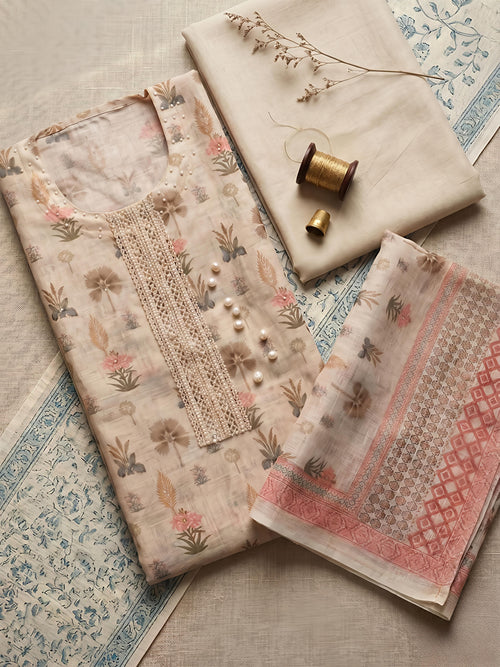 Beige Printed Linen Unstitched Suit Set