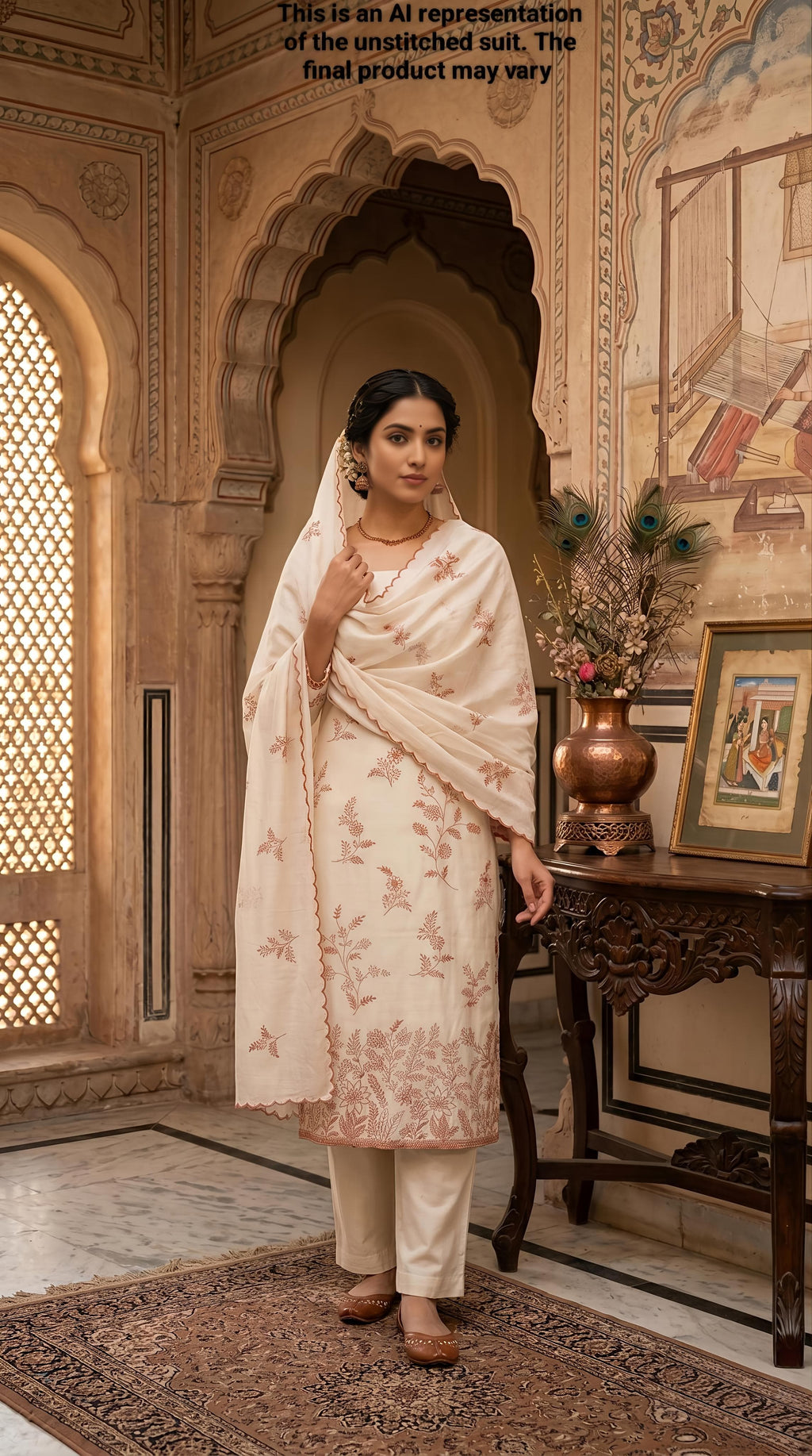 Beige & Tomato Red Mul Chanderi Unstitched Suit Set