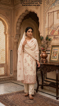 Beige & Tomato Red Mul Chanderi Unstitched Suit Set