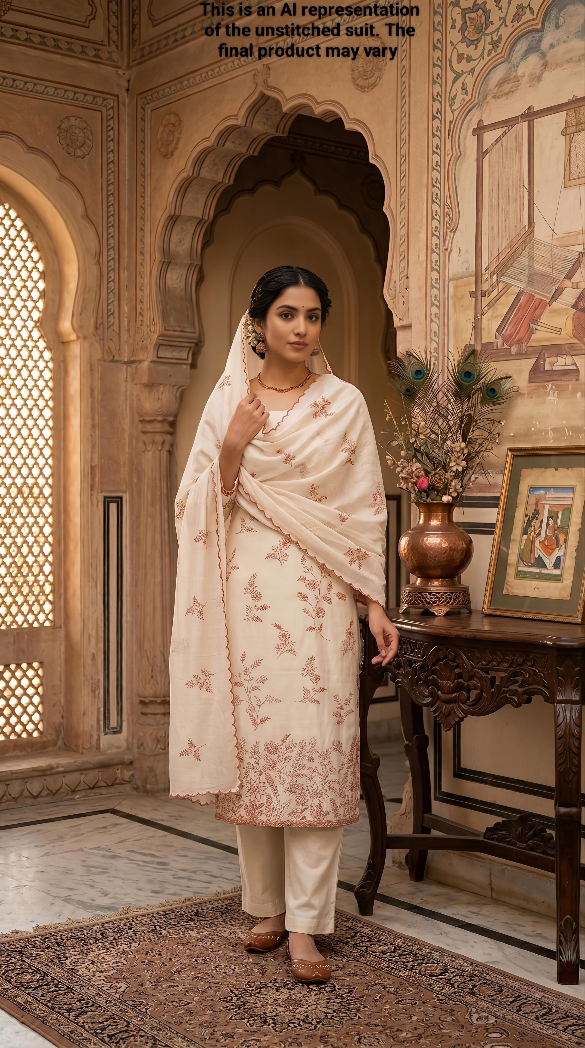 Beige & Tomato Red Mul Chanderi Unstitched Suit Set