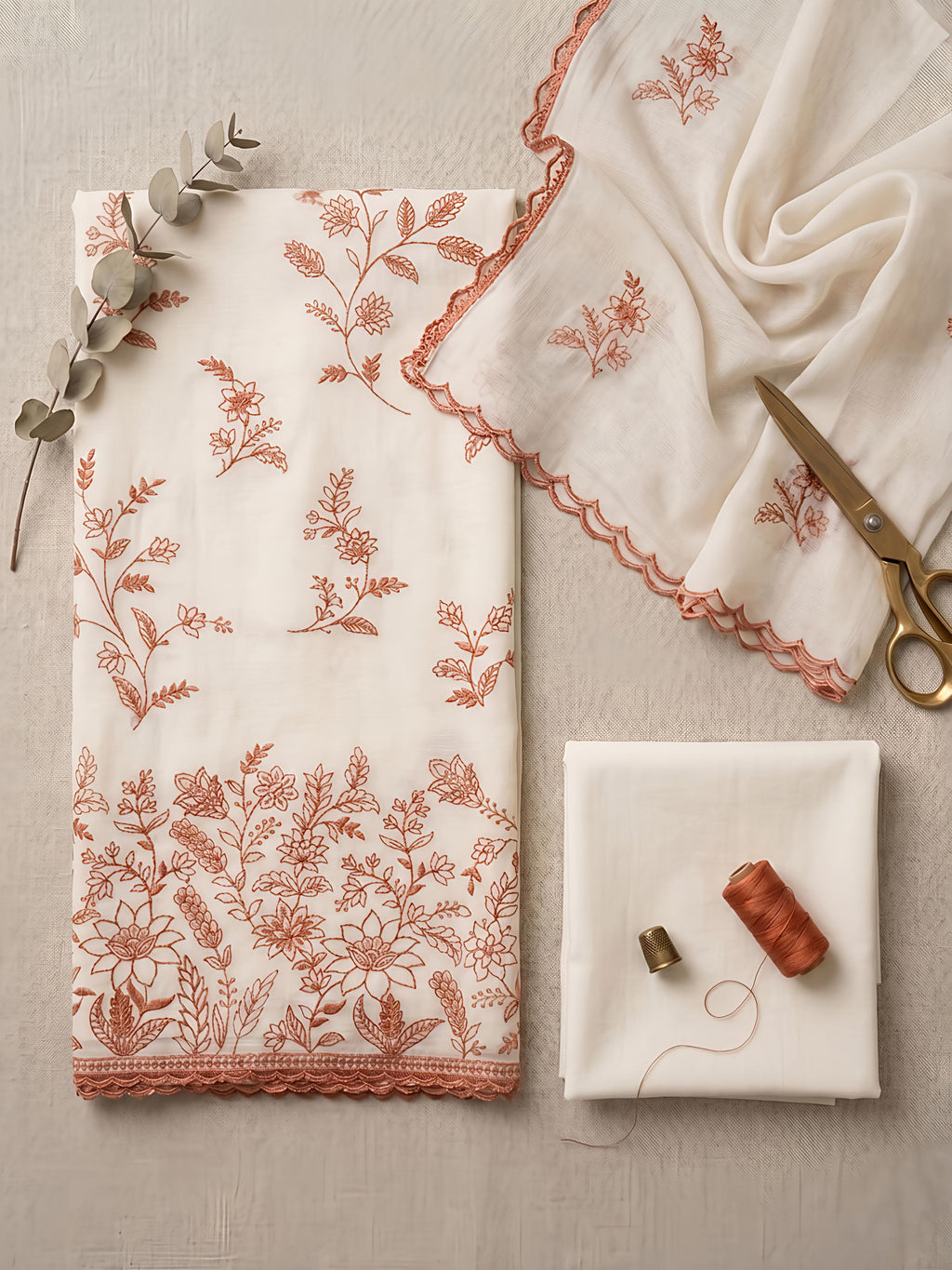 Beige & Tomato Red Mul Chanderi Unstitched Suit Set