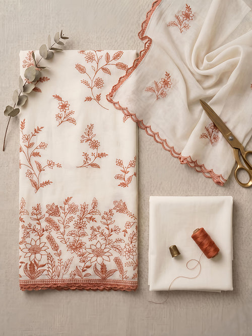 Beige & Tomato Red Mul Chanderi Unstitched Suit Set