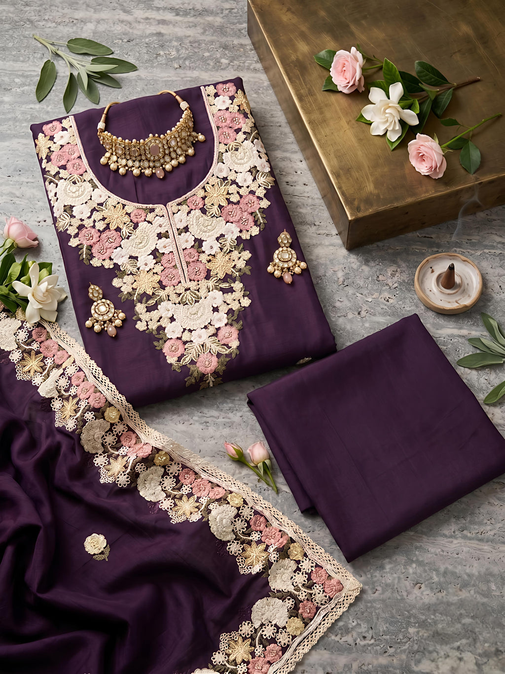 Purple Mul Chanderi Unstitched Suit Set