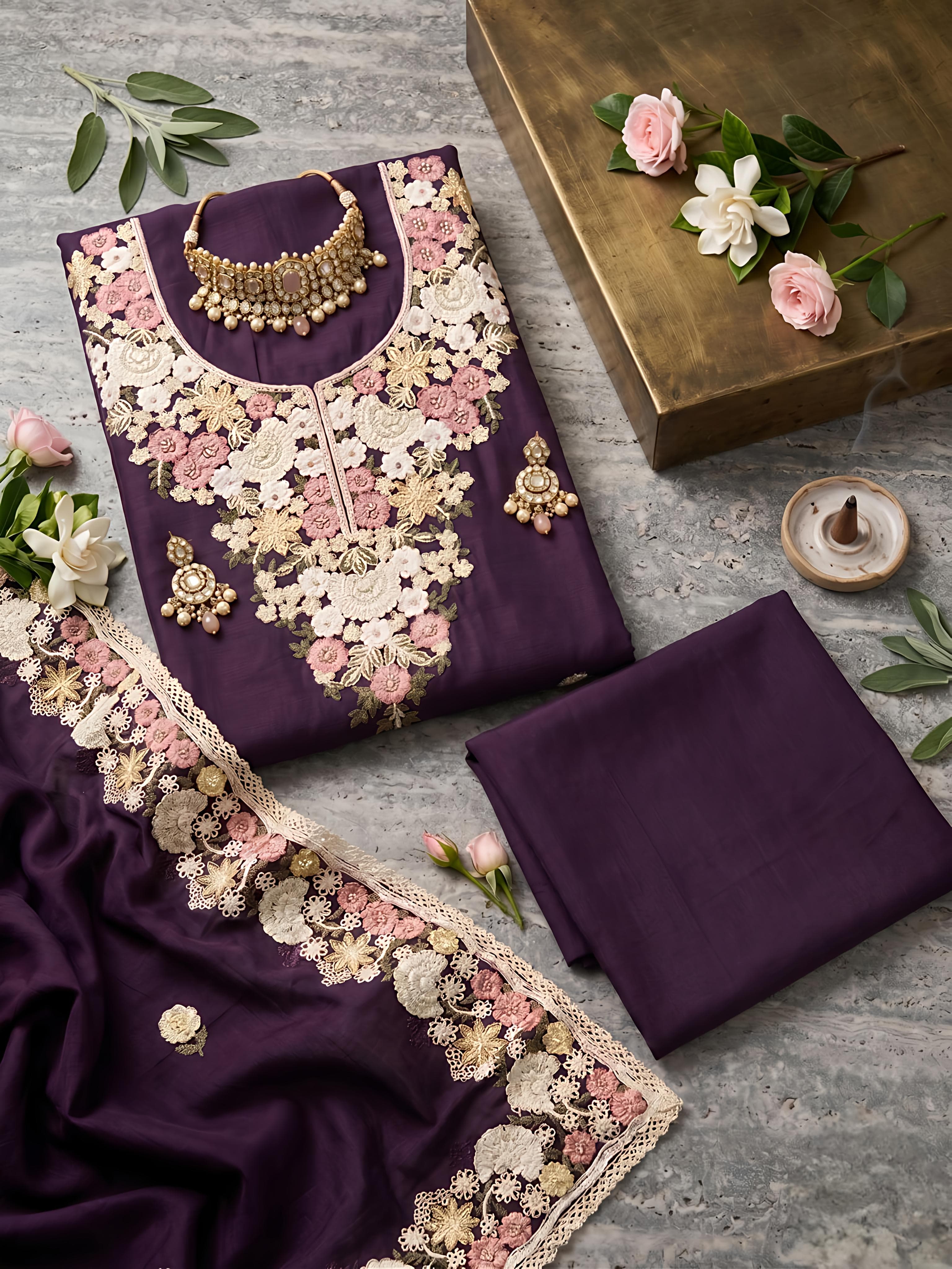 Purple Mul Chanderi Unstitched Suit Set