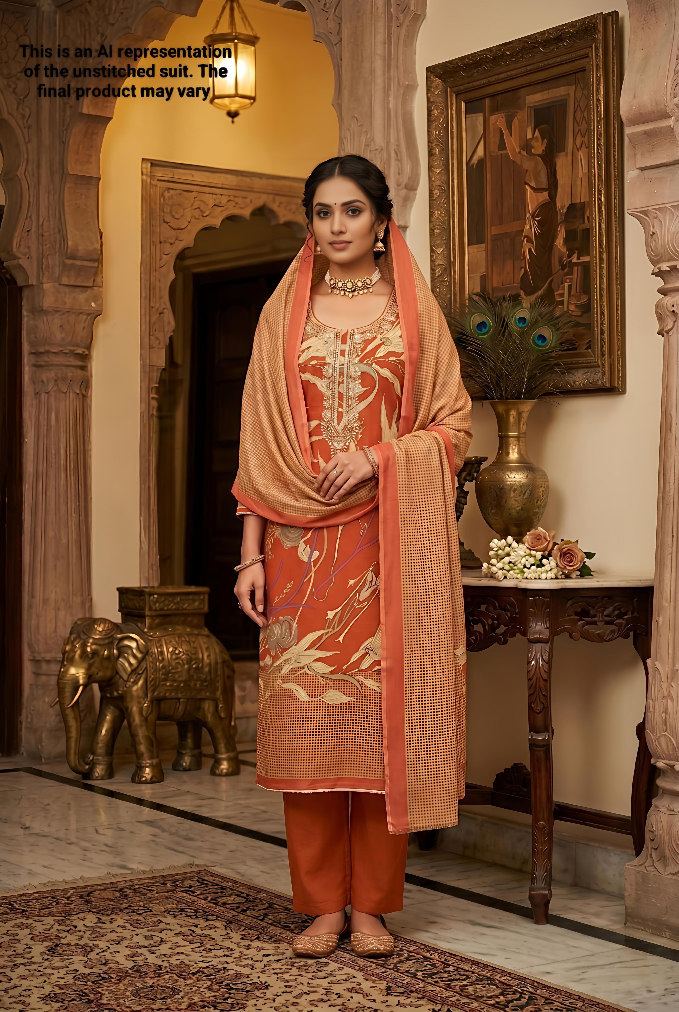Orange Printed Jam Cotton Unstitched Suit Set