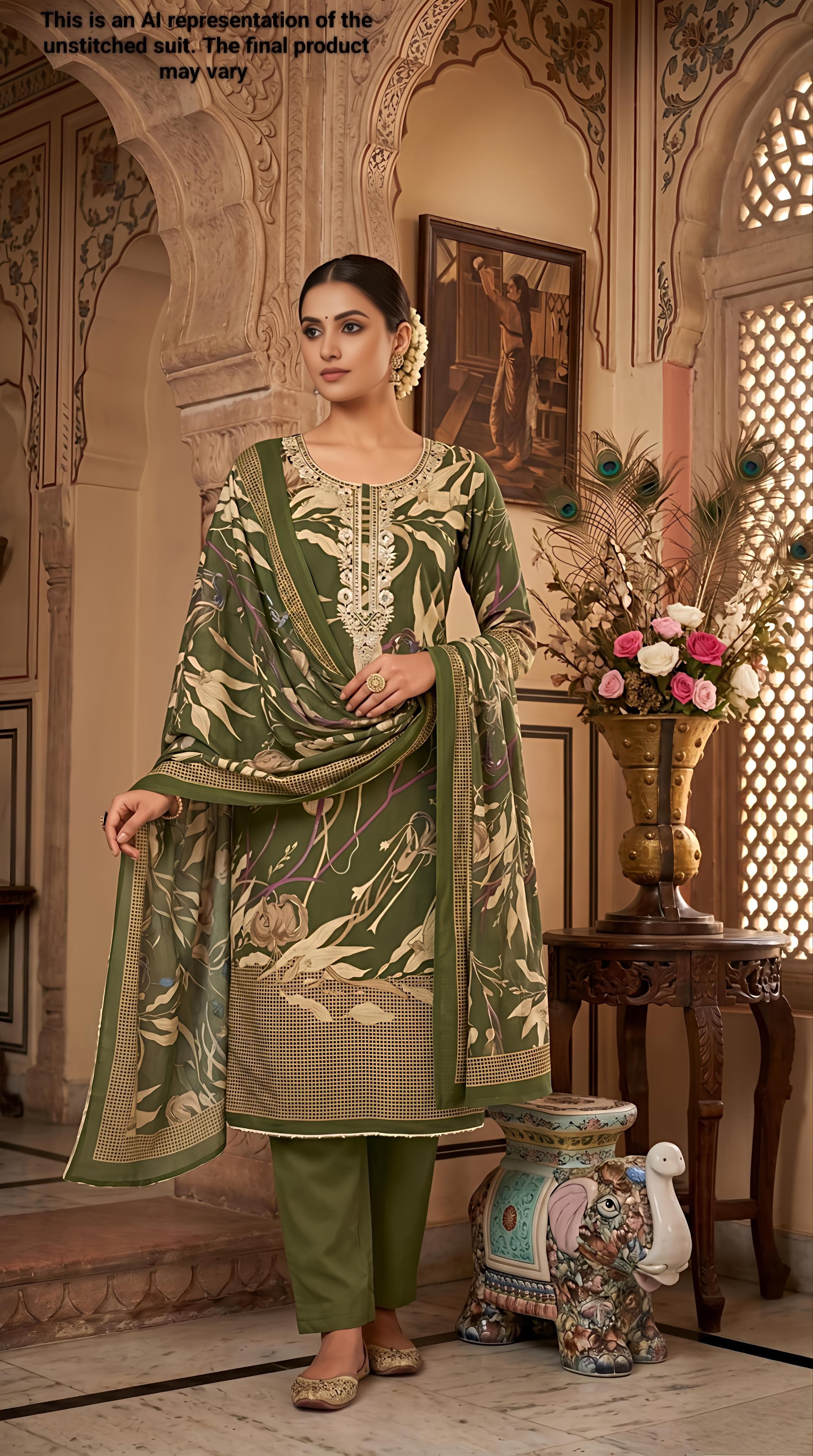 Green Printed Jam Cotton Unstitched Suit Set