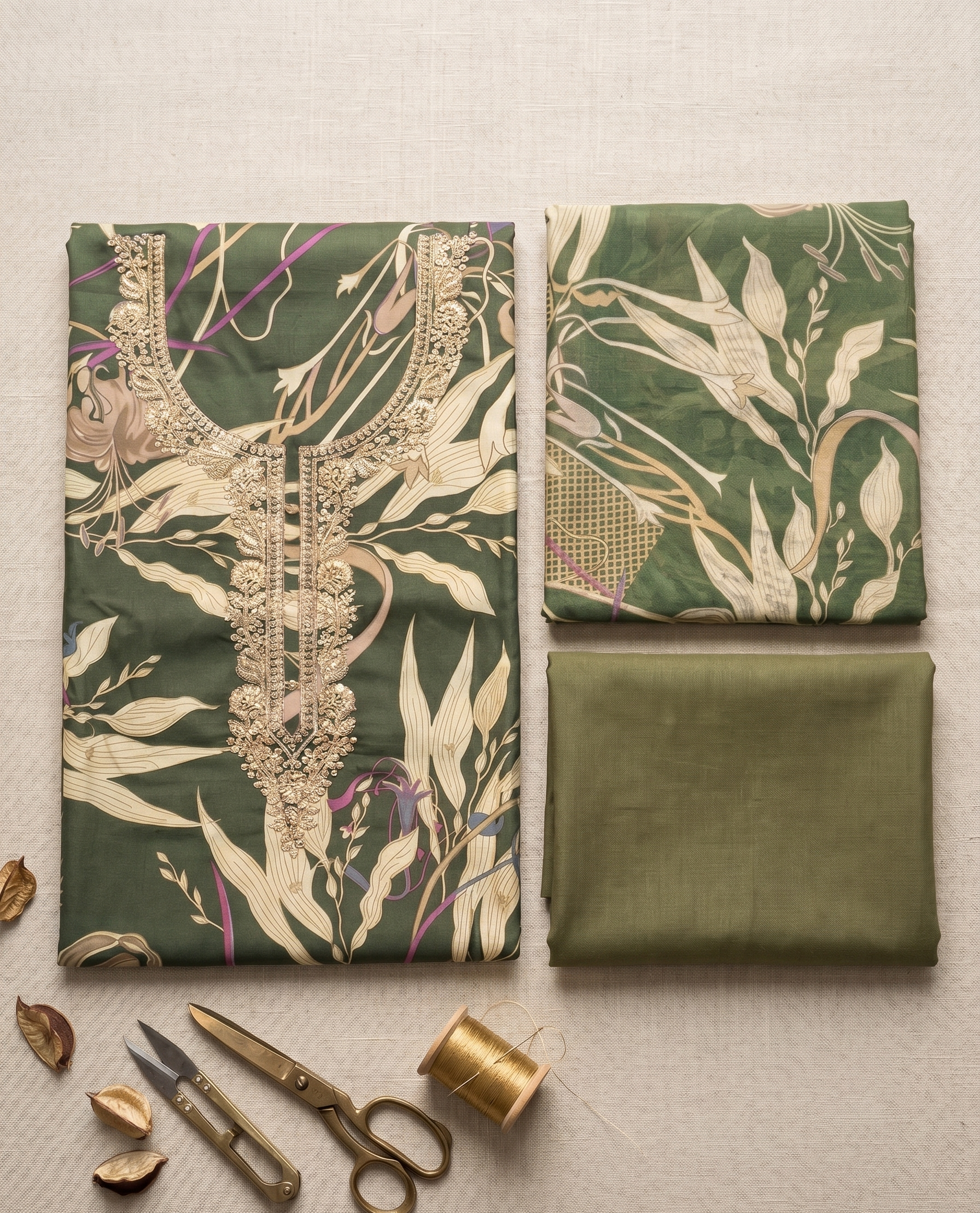 Green Printed Jam Cotton Unstitched Suit Set