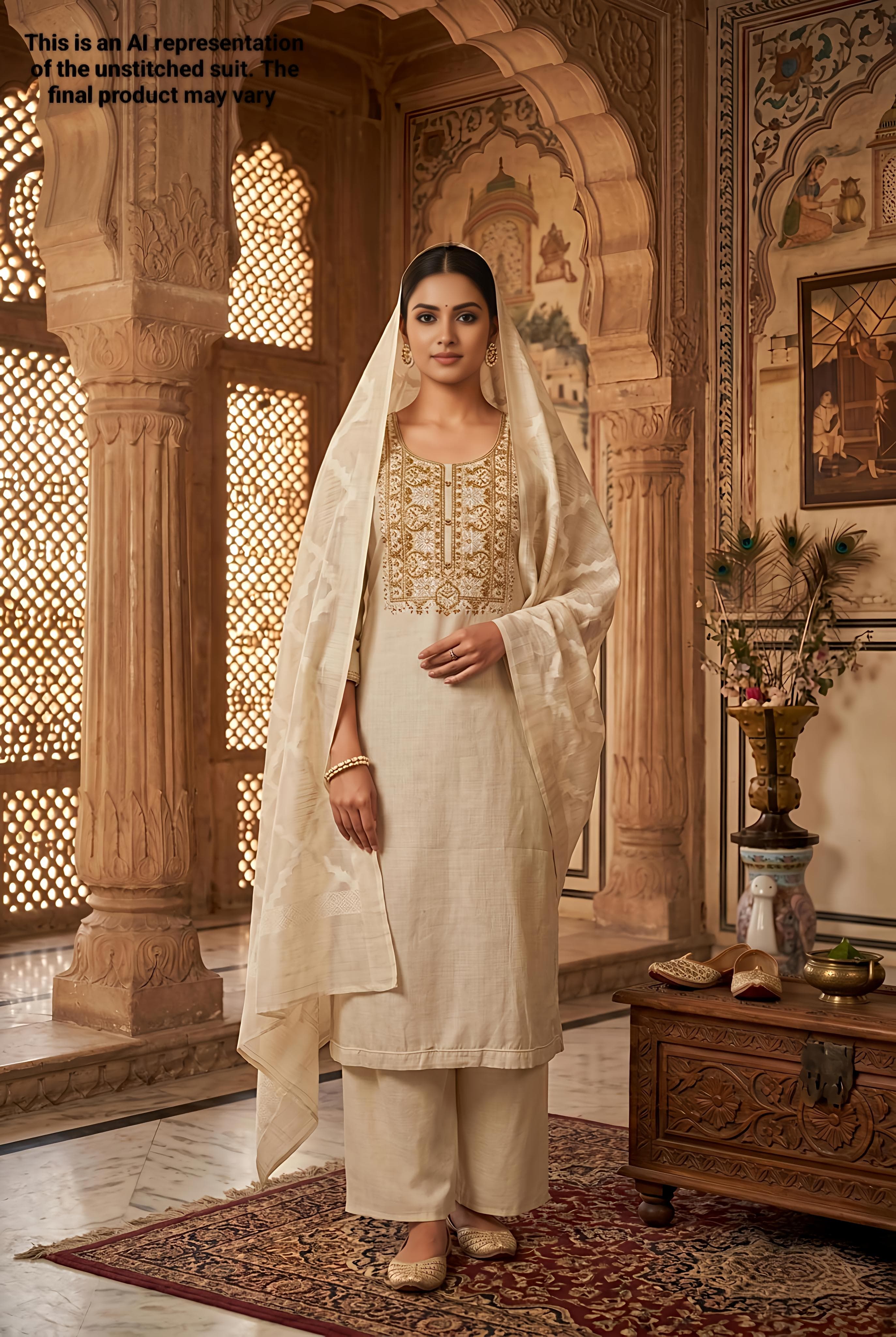 Beige Linen Unstitched Suit Set