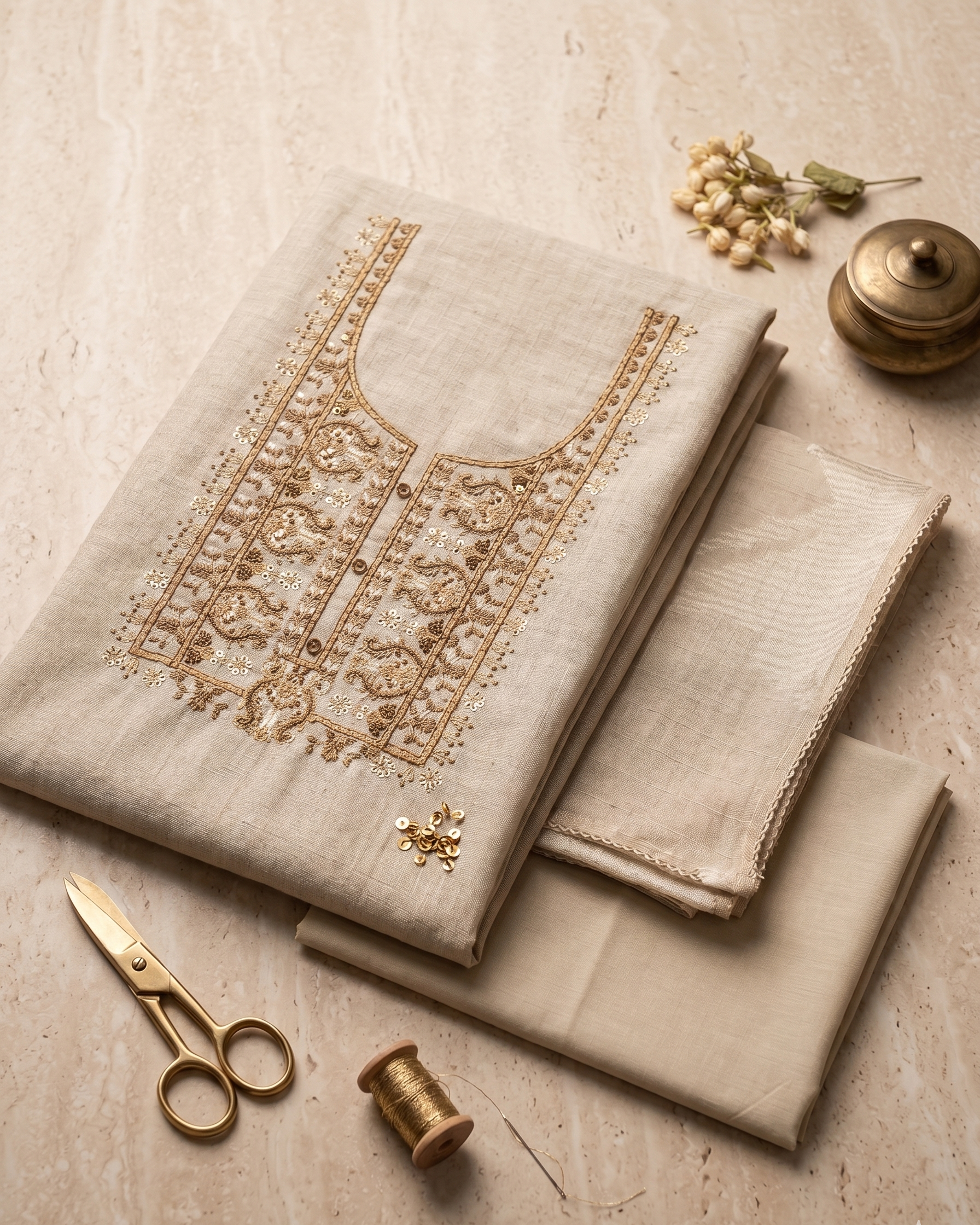 Beige Linen Unstitched Suit Set