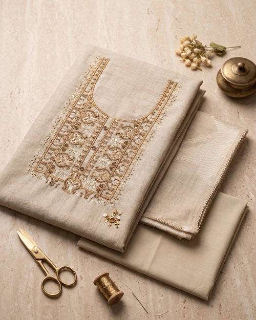 Beige Linen Unstitched Suit Set