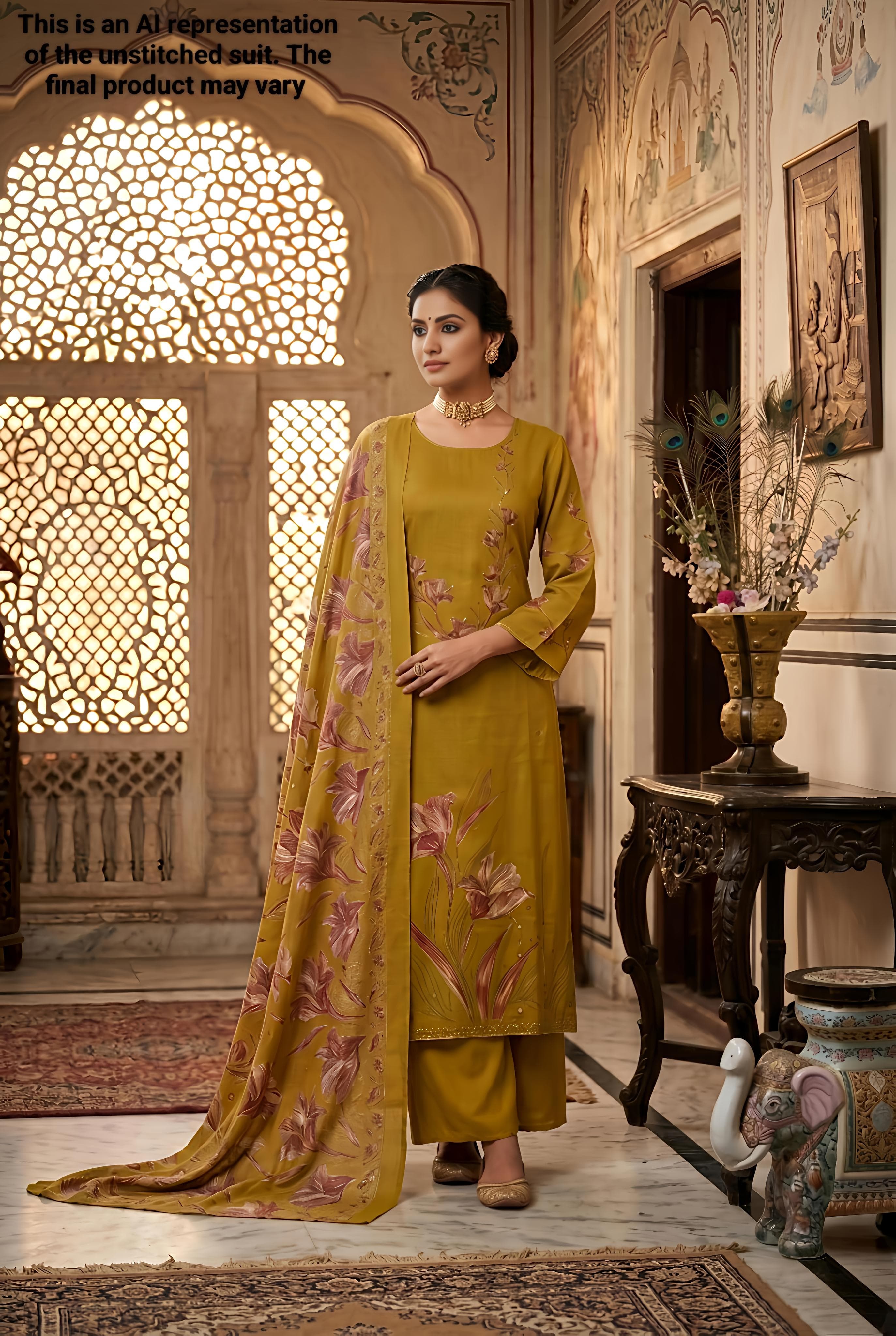 Mustard Printed Jam Cotton Unstitched Suit Set