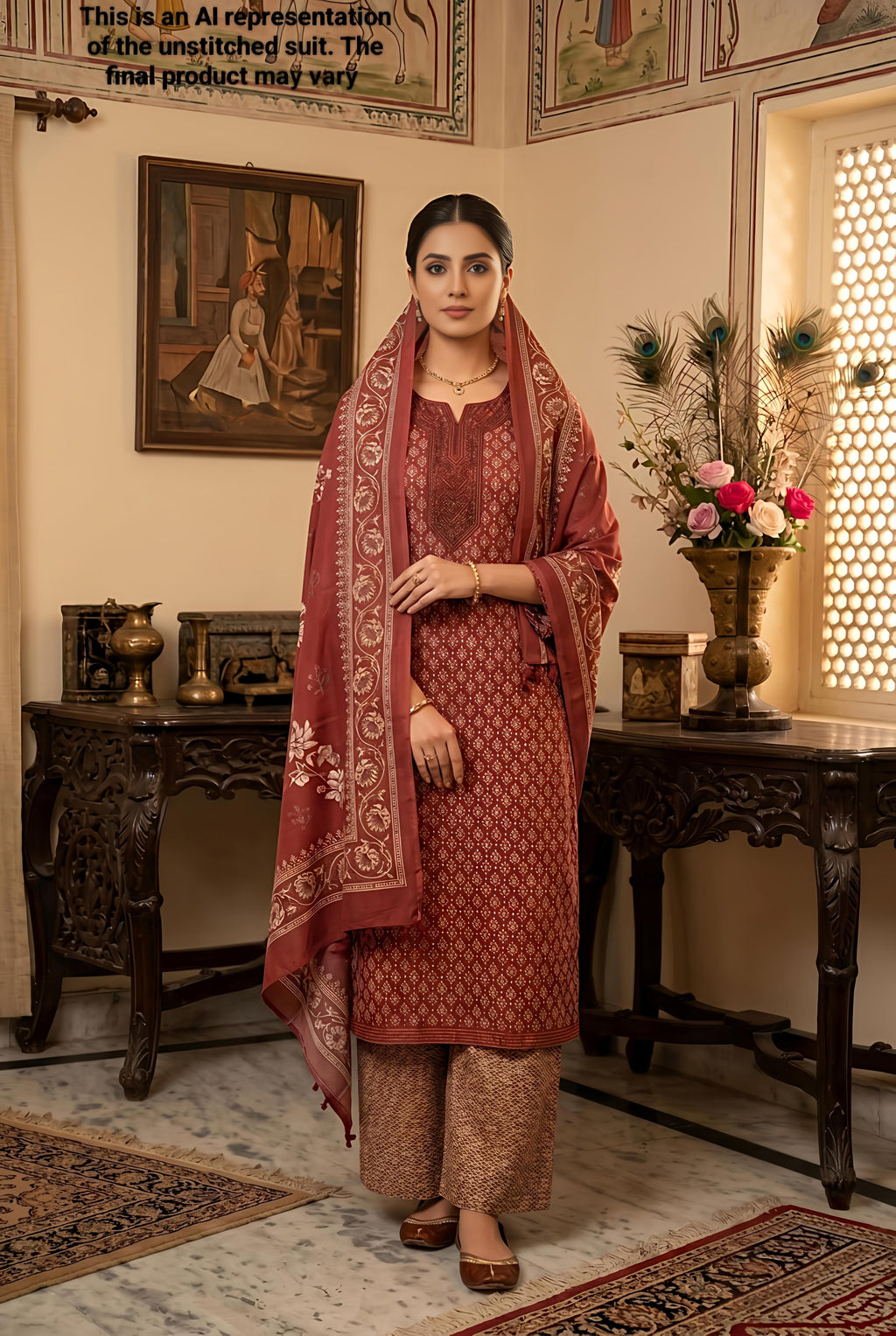 Red Printed Jam Cotton Unstitched Suit Set